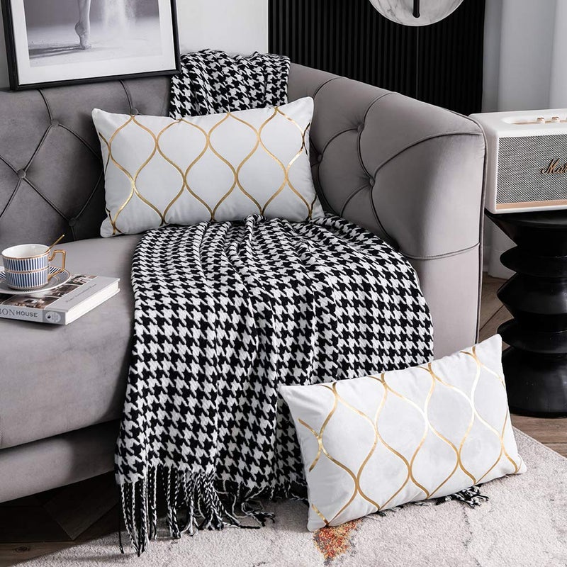 DEZENE Gold Velvet Throw Pillow Covers Off White: 2 Pack 12x20 Inch Rectangular Decorative Pillow Cases for Bedroom Sofa Couch Living Room - Image 2